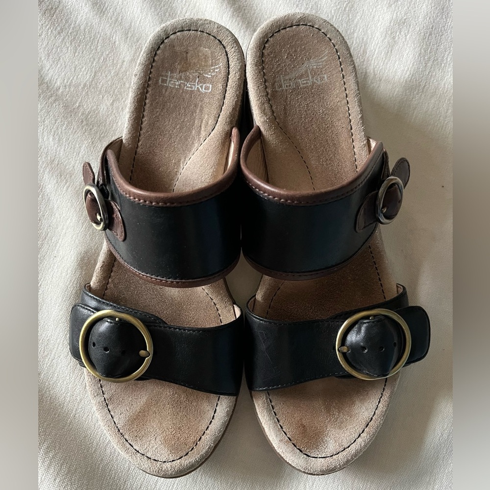DANSKO Women Black Brown Lenny Double Strap Block Heel Sandals Size 41/ 10.5 -11